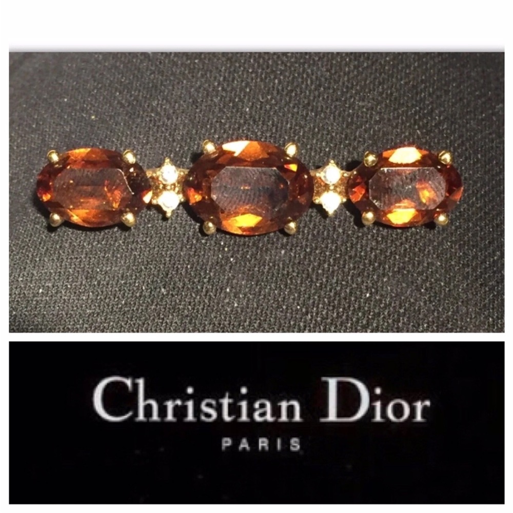 Christian Dior Gold and amber bar pin Brooch stamped 2.1/2”x 1/2”